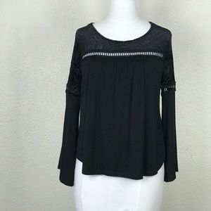 Liz Claiborn Women’s Blouse Size S Black  Velvet Bel Sleeve Tunic Croche…